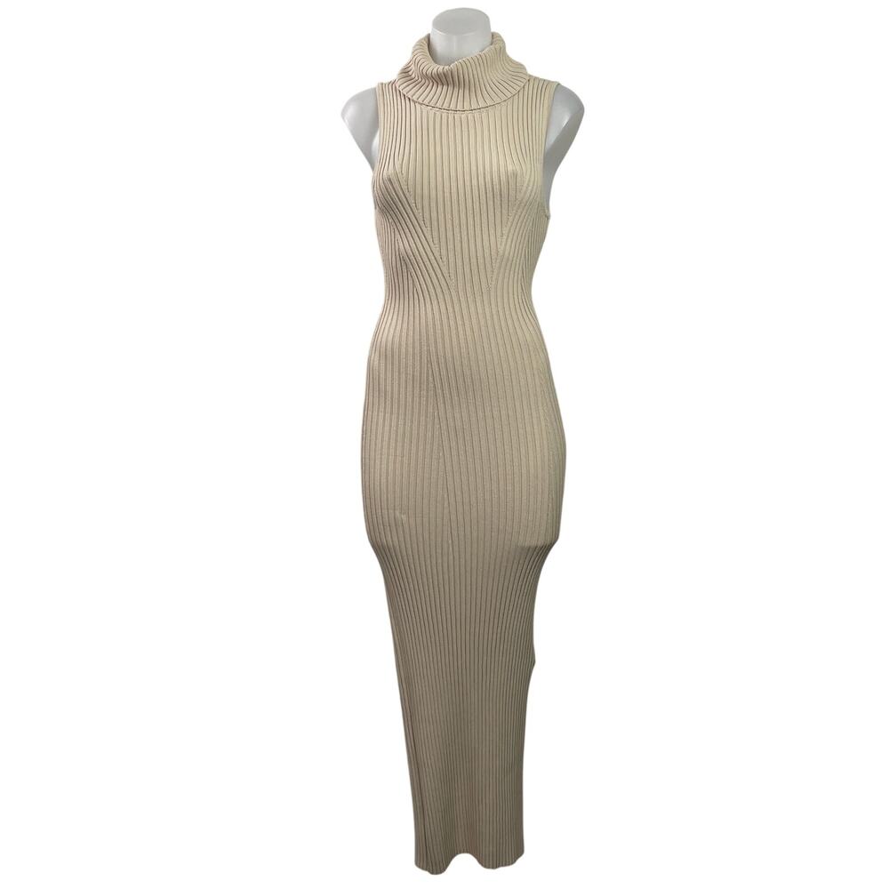 ASTR The Label Cream Beige Sleeveless Rib Knit Turtleneck Maxi Sweater Dress XS